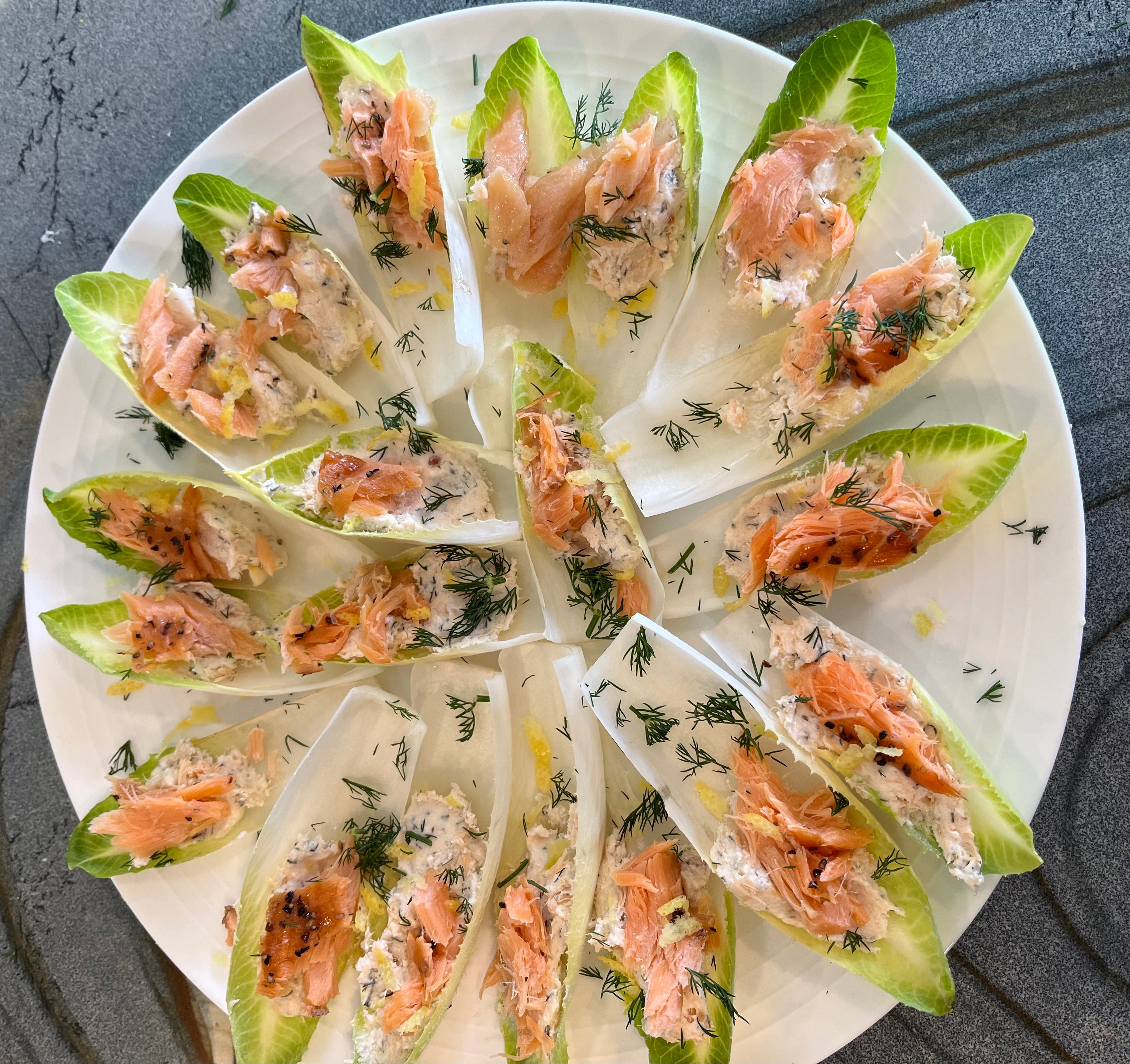 Endive boats with smoked salmon and dill