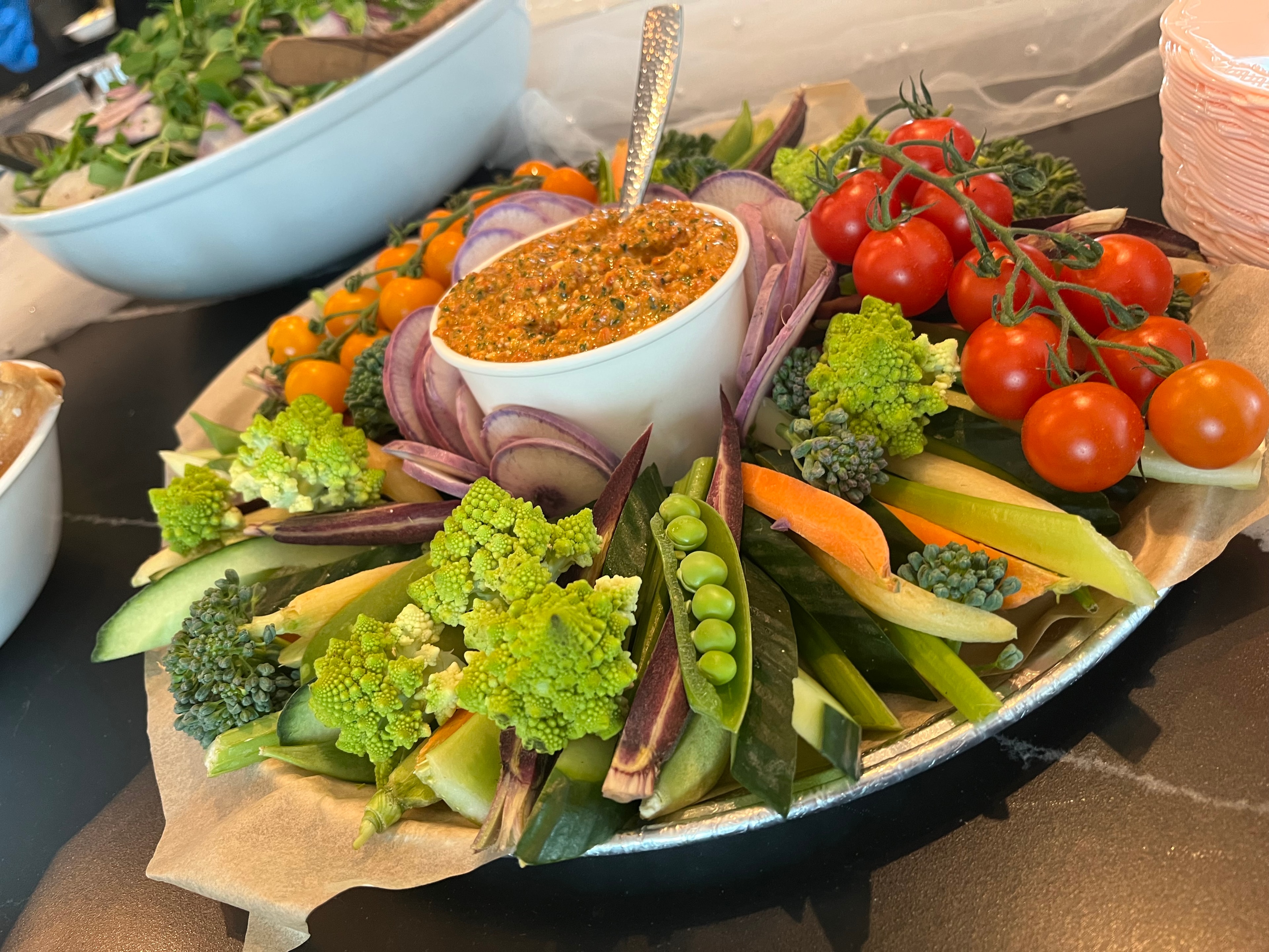 Vegetable crudité platter with romesco dip