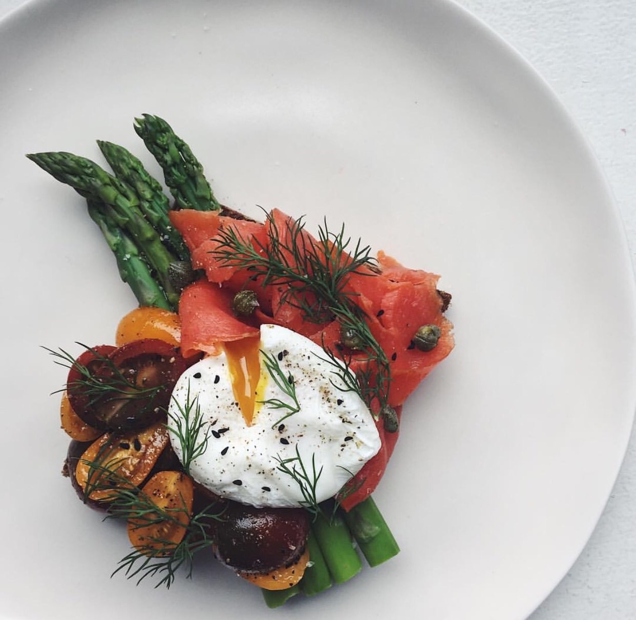 Smoked salmon with asparagus poached egg and cherry tomatoes