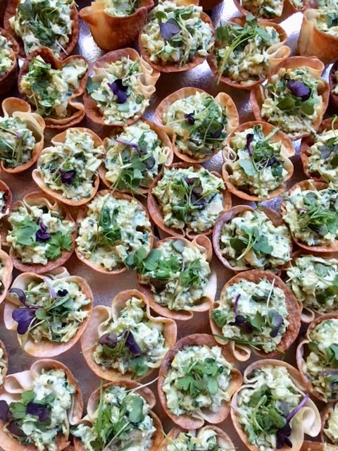 Crispy wonton cups with herb chicken salad and microgreens